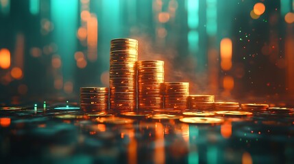 A futuristic depiction of financial success, with a glowing chart and coin stacks forming steps upward, vibrant gold and green hues illuminated under soft light, set in a minimalistic background,