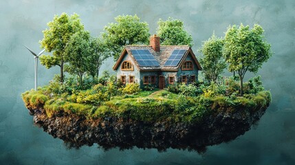 Obraz premium Eco-friendly house on a floating island with solar panels and wind turbine.