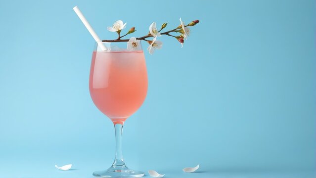 Generative A.I. creates a surreal cocktail scene with a pink drink, cherry blossoms, and a blue backdrop, blending elegance and creativity in a dreamy, refreshing composition