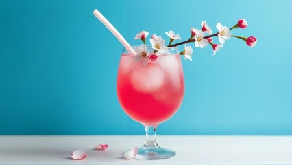 Generative A.I. creates a surreal cocktail scene with a pink drink, cherry blossoms, and a blue backdrop, blending elegance and creativity in a dreamy, refreshing composition