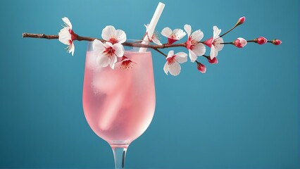 Generative A.I. creates a surreal cocktail scene with a pink drink, cherry blossoms, and a blue backdrop, blending elegance and creativity in a dreamy, refreshing composition