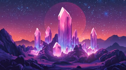 Fototapeta premium Glowing Pink Crystals in a Desert Landscape under a Starry Night Sky