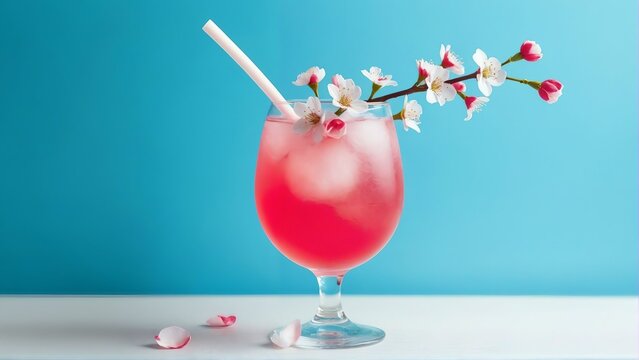 Generative A.I. creates a surreal cocktail scene with a pink drink, cherry blossoms, and a blue backdrop, blending elegance and creativity in a dreamy, refreshing composition