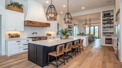 Modern farmhouse kitchen featuring white built-in cabinets with rustic accents.