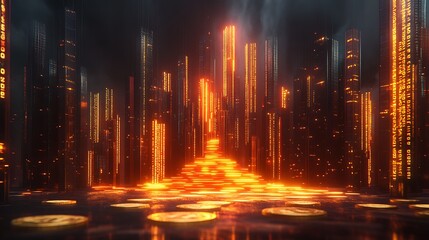 A futuristic holographic financial chart glowing vibrantly, golden coins forming steps that lead to its peak, surrounded by floating neon light trails and binary code,