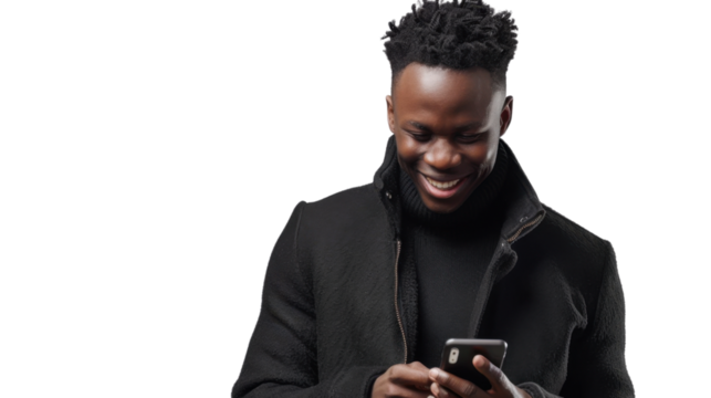 Smiling young man using smartphone on transparent background - Powered by Adobe