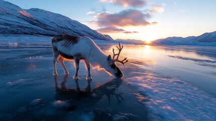  Tundra Nomad - A native herder guides a reindeer across the vast, frozen tundra, a practice passed down for generations. 