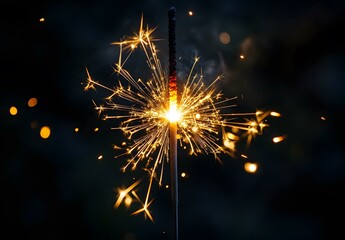 Bright Burning Sparkler at Night Glowing Gold Sparks Against Dark Background