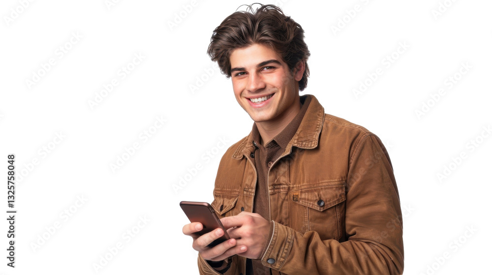 Poster smiling young man using smartphone on transparent background