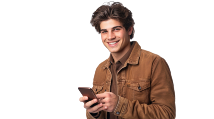 Smiling young man using smartphone on transparent background