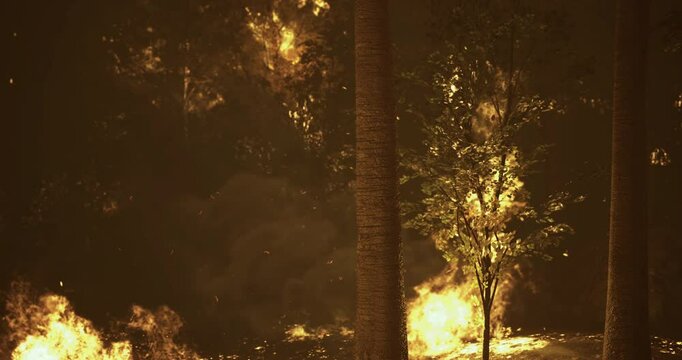 A forest is illuminated by a raging fire as flames devour trees and underbrush. Smoke fills the air, and embers rise against the dark sky, creating a dramatic and unsettling landscape.