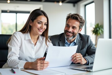 Obraz premium A Young Professional Caucasian Male and Female Collaborating in a Modern Office, Smiling and Engaging Over Documents in a Bright, Comforting Work Environment
