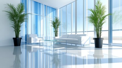 Fototapeta premium Modern white living room with plants and glass walls, bright blue sky