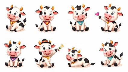 Fototapeta premium Cute Cartoon Cow Illustrations in Various Playful Poses