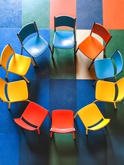 Overhead view of a colorful musical chairs game in progress