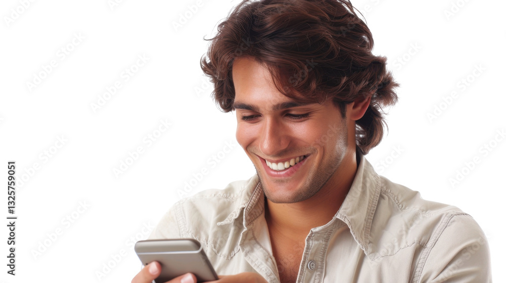 Poster smiling young man using mobile phone with transparent background