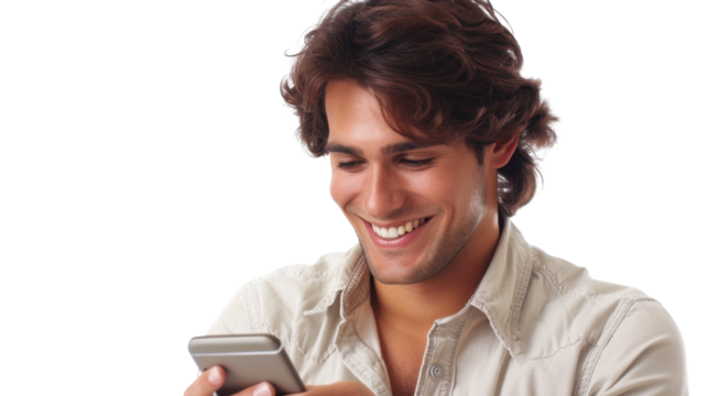 Smiling young man using mobile phone with transparent background