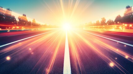 A highway with light streaks extending towards a bright sun