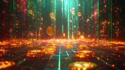 A glowing holographic 3D financial chart floating in a high-tech digital space, golden coins levitating around it, vibrant neon blue and green hues illuminating the scene, futuristic grid background,