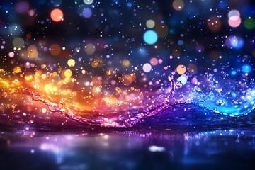 Fototapeta premium Luminous fluid droplets of every shade of the rainbow floating and merging into a spherical glowing mass, resembling an alchemical mixture, colorful abstract artwork