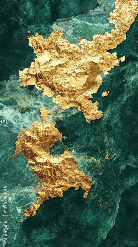 Poster abstract golden textured forms floating above teal water-like texture creating a luxurious visual