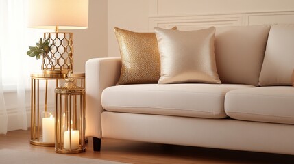 Elegant living room scene featuring a stylish cream sofa with decorative pillows and gold accents