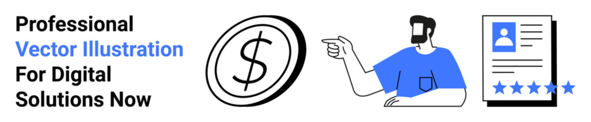 Dollar coin, man pointing towards profile card with rating stars emphasizing finance, user experience, and credibility. Ideal for business, finance, technology, marketing, digital solutions