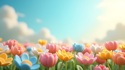 Cute 3D Cartoon Flowers in a Nature Background