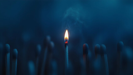 A single lit match standing out from the rest of unlit matches.