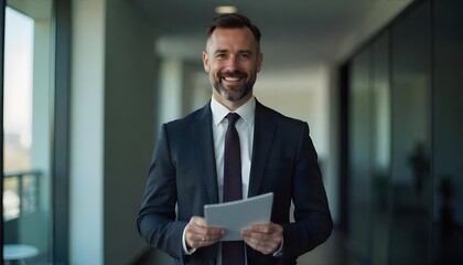 Fototapeta premium Confident Executive Portrait: A sharply dressed, smiling businessman, exudes confidence and professionalism, holding a digital tablet in a modern, well-lit corporate setting. 