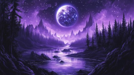 Purple Pixel Art Night Landscape with Moon and River