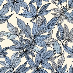 Elegant Blue Leaf Pattern: A Seamless Botanical Design