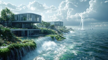 Modern waterfront homes with waterfalls and dramatic sky.