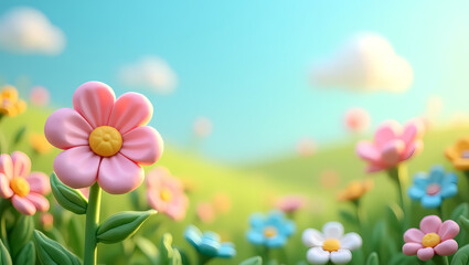 Cute 3D Cartoon Flowers in a Nature Background © Crossx