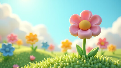 Cute 3D Cartoon Flowers in a Nature Background