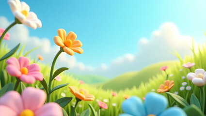 Fototapeta premium Cute 3D Cartoon Flowers in a Nature Background