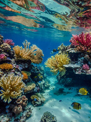 Naklejka premium Colorful coral reef teeming with marine life in clear blue waters.