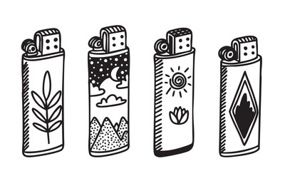 Collection of lighter in doodle style. Tattoo ideas. Hand drawn vector art.