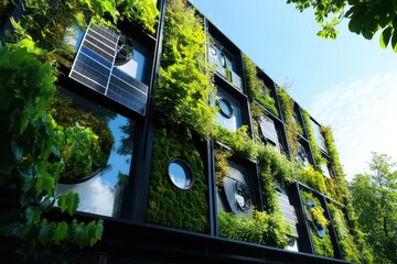 A technological research facility with green walls and solar panels integrated into the design.