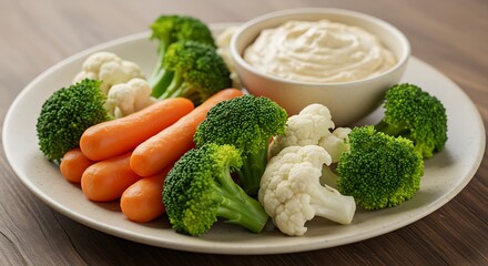 A plate of steamed broccoli, carrots, and cauliflower served with a side of hummus for dipping.