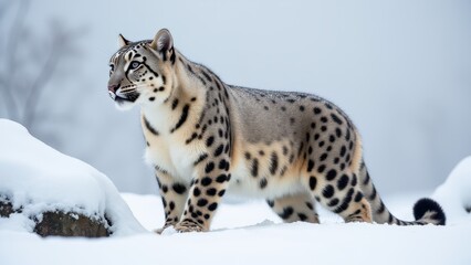 Fototapeta premium A snow leopard print pattern on a large cat in a snowy environment