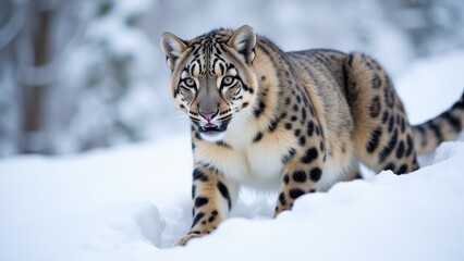 Fototapeta premium A snow leopard print pattern beautifully highlights the majestic feline in its snowy mountain habitat.