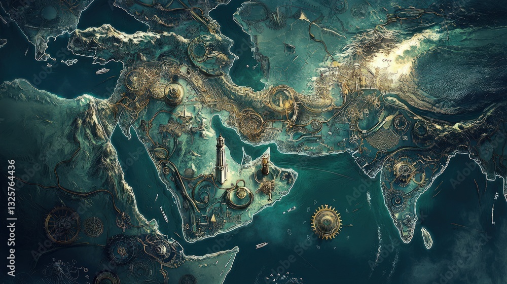 Poster aerial view of illuminated city lights on a detailed map representing middle east and surrounding ar