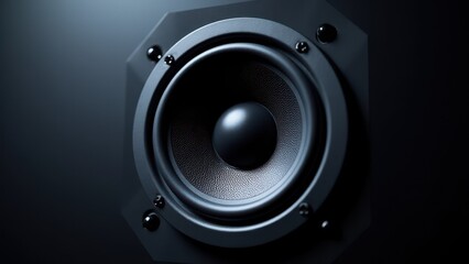 Close-up of a black speaker with a grill design and textured cone, highlighting its sleek aesthetics.