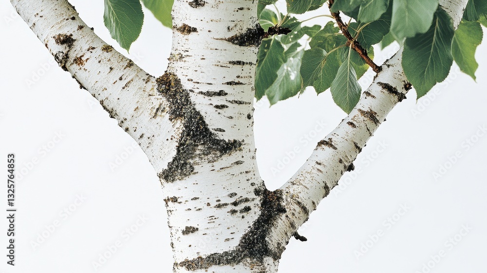 Poster Close-Up of Birch Tree Trunk and Branches with Green Leaves Against White Background