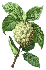 Botanical Illustration of Green Tropical Fruit with Leaves on Branch on Transparent Background