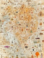 Fototapeta premium Abstract world map illustration with detailed structures and vibrant colors in antique paper style