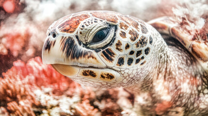 Obraz premium sea turtle gracefully swims among vibrant coral reefs, showcasing its intricate shell patterns and serene expression. underwater scene captures beauty of marine life