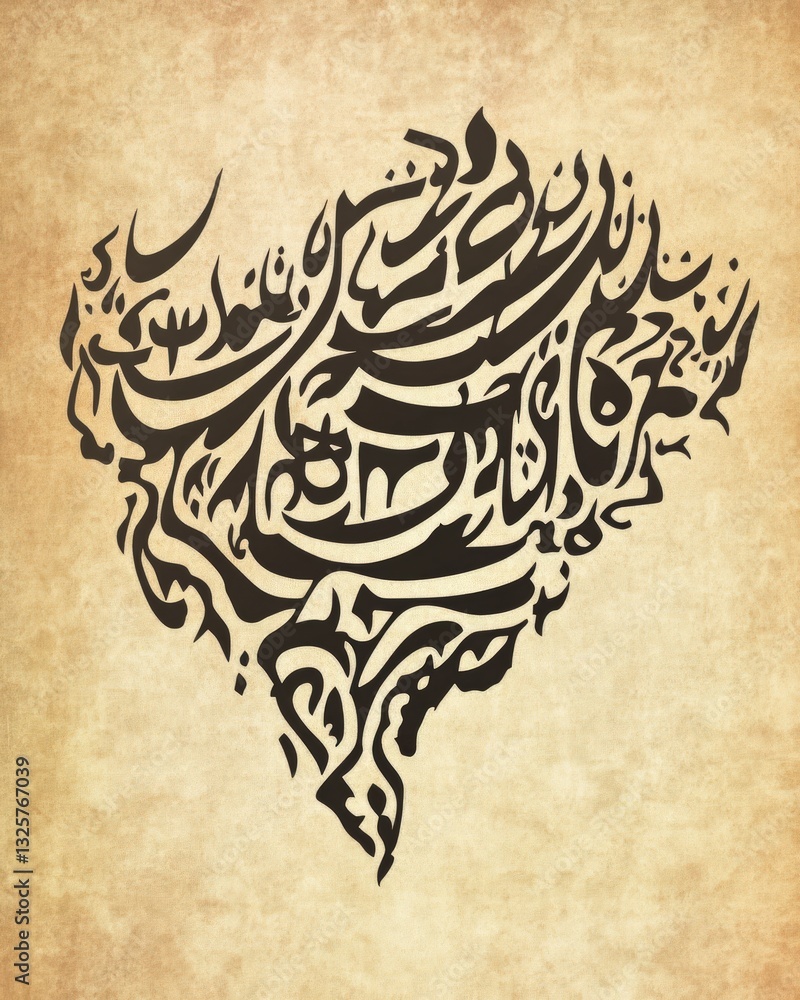 Poster calligraphic script heart shape brown ink on textured background