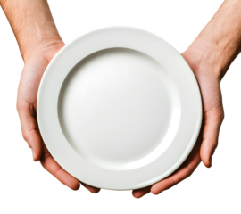 Hands holding an empty white plate isolated on transparent white background, clipping path, pen tool.